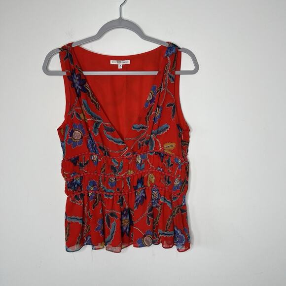 Rebecca Minkoff Top Womens Medium Red Floral Lucy Sleeveless Ruffle Tier Chiffon - Picture 2 of 16